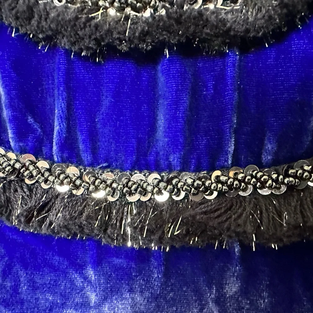 J Crew Black Label Blue Crush Velvet Beads Silver Tinsel Fringe Pullover Top S/M - Picture 14 of 15